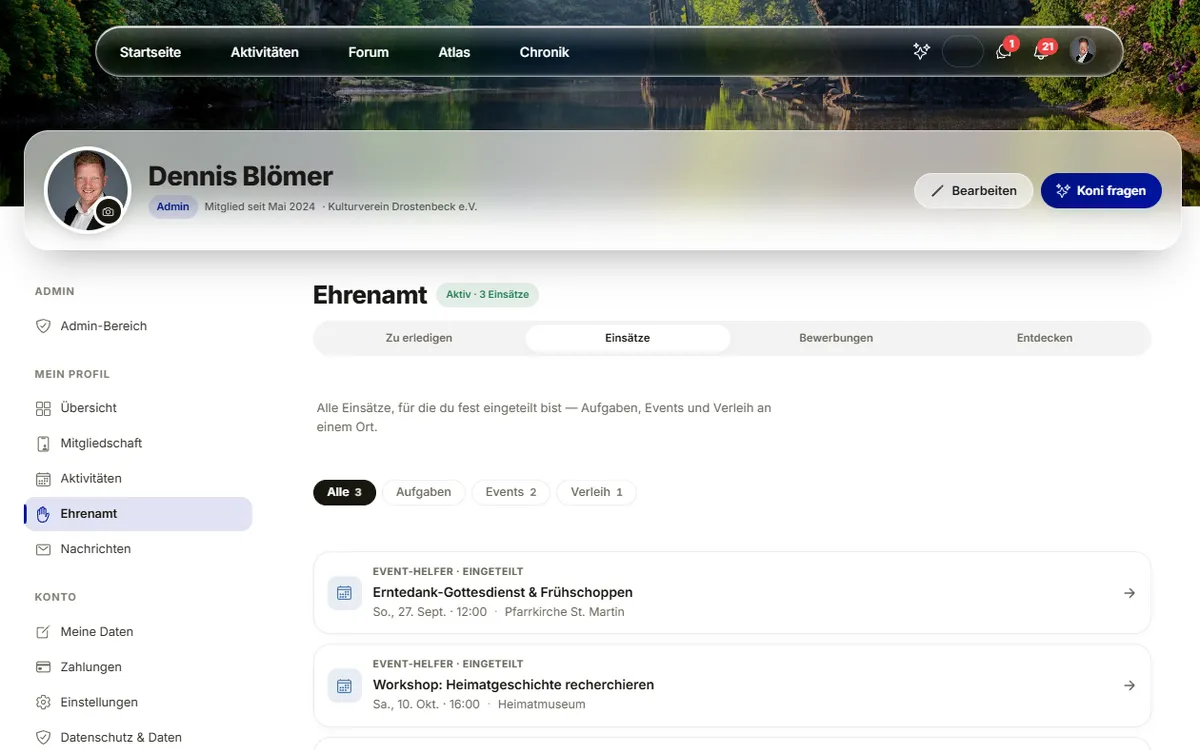 Ehrenamt-Einsätze im Profil der WirKonect-App des Testvereins Drostenbeck