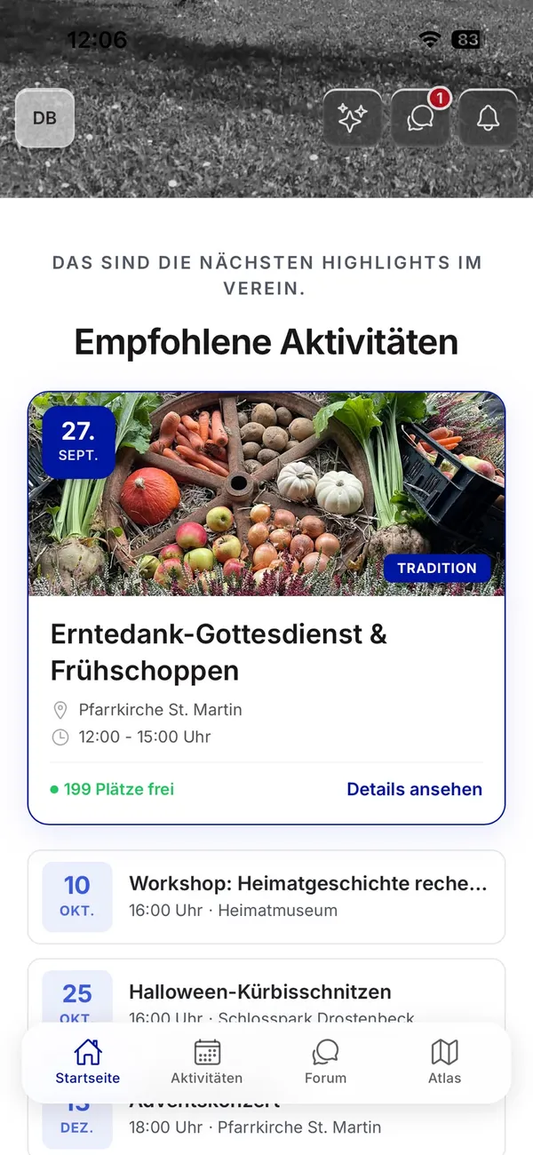 Veranstaltungen in der WirKonect-App des Testvereins Drostenbeck
