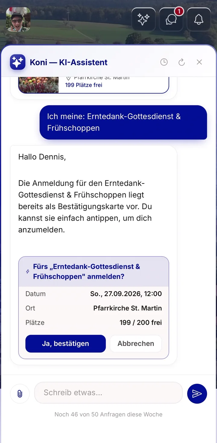 Koni beantwortet: Was steht als Nächstes an? Melde mich für den Erntedank-Gottesdienst an.