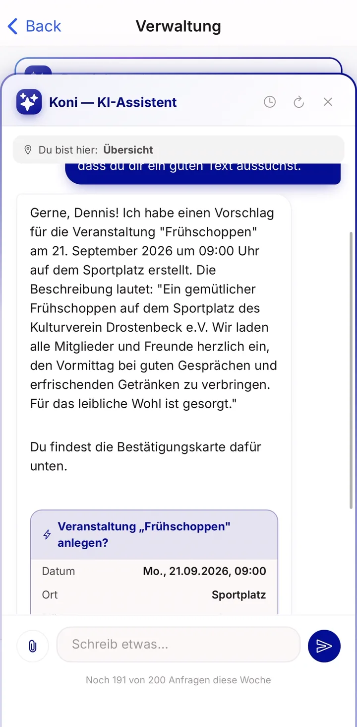 Koni beantwortet: Erstelle eine Veranstaltung am 21.09. um 9 Uhr: Frühschoppen am Sportplatz.