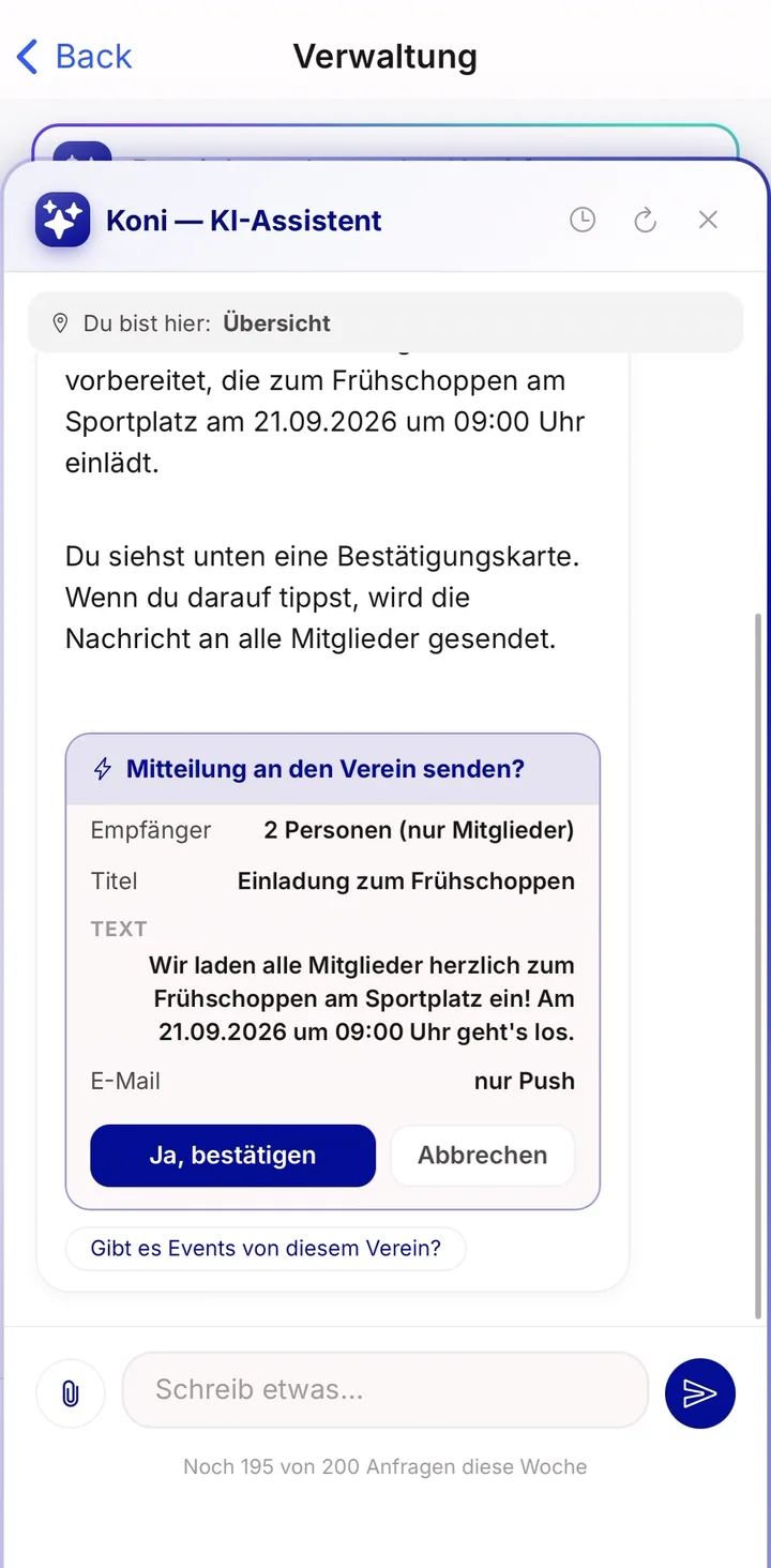 Koni beantwortet: Sende allen Mitgliedern eine Push-Nachricht zum Frühschoppen am 21.09.